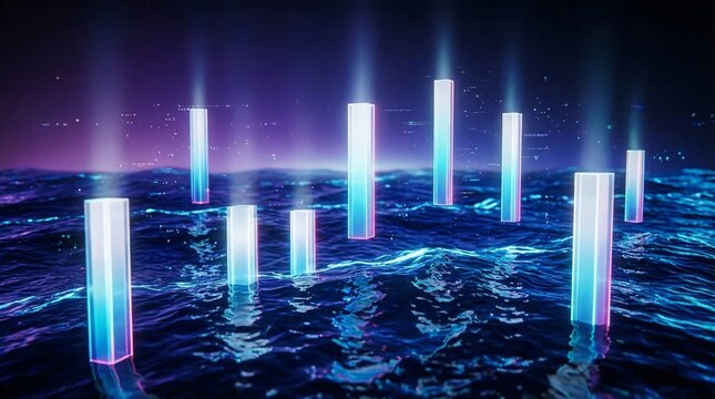 Futuristic cityscape with glowing data towers over digital ocean at night