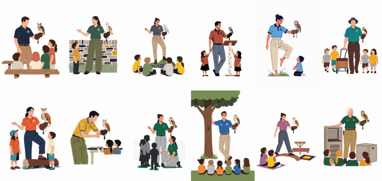 Vector illustration set of falconers and bird handlers teaching children about owls and birds of prey in various educational outdoor and indoor settings.