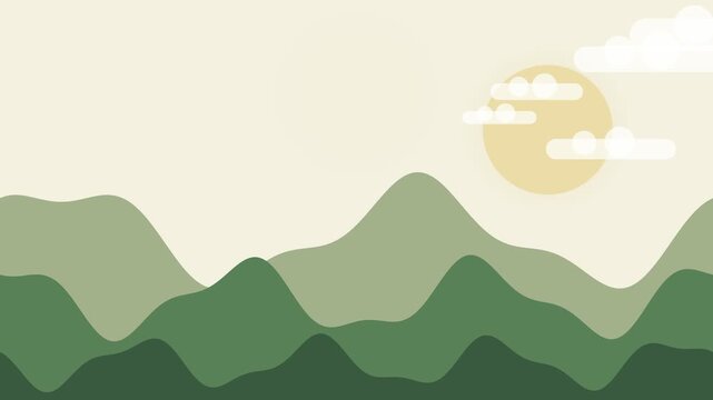 Minimalist Flat Style Landscape with Layered Green Mountains and Sun for Nature and Sustainability Concept Animation