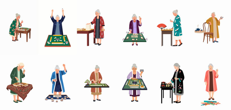 Set of diverse senior Asian women in traditional attire playing mahjong, enjoying leisure activities and social games, isolated on white background.