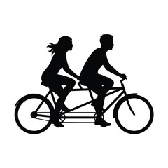 Fototapeta premium Couple riding tandem bicycle silhouette man woman together travel concept isolated white.