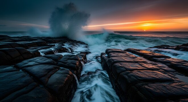 Dramatic Coastal Sunset Waves Crashing Over Black Rocks