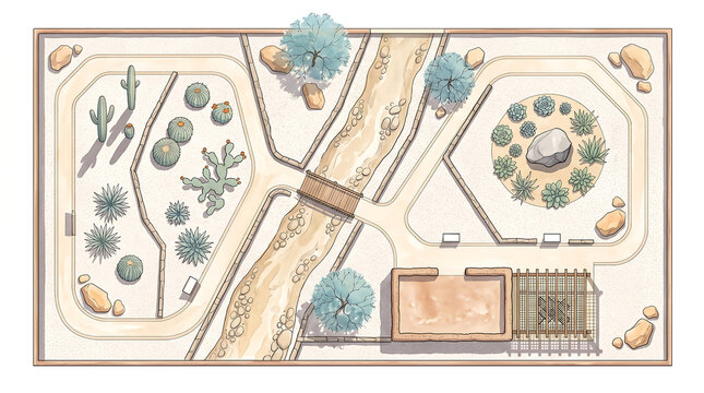 Top-Down Watercolor Landscape Plan of a Desert Xeriscape Garden with Gravel Beds and Cacti Collections