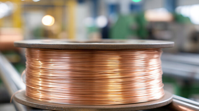 Copper wire spool rests on machinery in an industrial workspace bustling with activity Generative AI