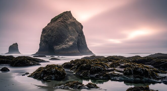 Dramatic coastal landscape with monolith rock formation at sunrise