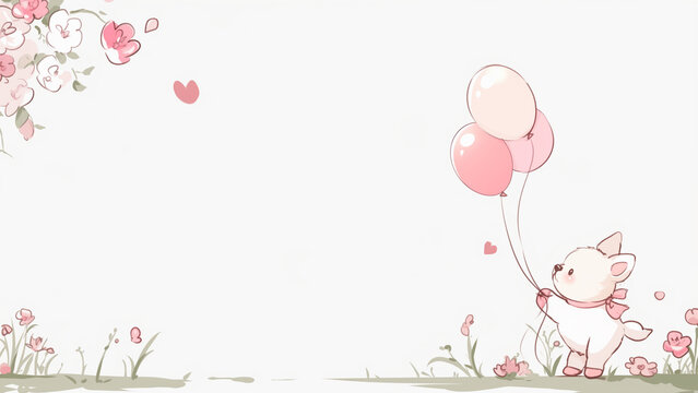 風船を持つ白い子犬とピンクの花のイラスト