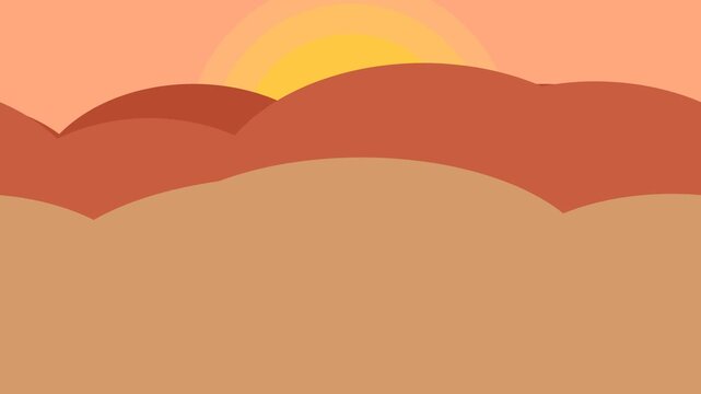 Minimalist Flat Vector Desert Landscape with Rolling Sand Dunes and Rising Sun for Motion Graphic Background