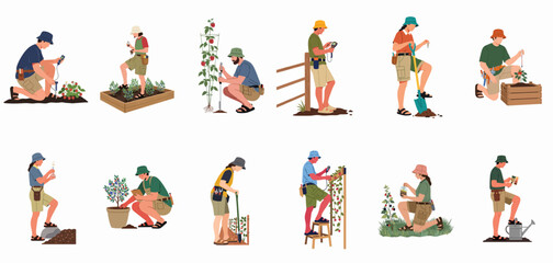 Fototapeta premium Vector illustration of diverse agricultural scientists and agronomists performing soil tests, plant monitoring, and smart farming tasks in a garden setting.