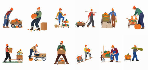 Fototapeta premium Set of illustrations depicting male farmers harvesting and transporting pumpkins, squashes, and sunflowers in autumn using various carts and wheelbarrows.