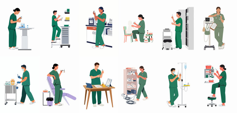 A comprehensive set of medical professional illustrations showing healthcare workers in green scrubs preparing and administering vaccinations and medications in various clinical settings.