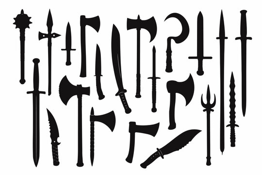  Variety of Historical and Fantasy Melee Weapons Silhouette Vector Illustration