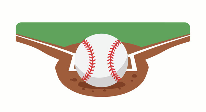 A baseball rests on home plate with the infield dirt and outfield grass