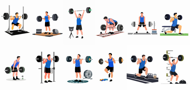 Collection of diverse weightlifting and bodybuilding exercises featuring a man training with a barbell in various fitness positions, isolated on white background.