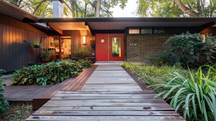Fototapeta premium A wooden walkway leading to the entrance of a modern home with lush greenery on either side.