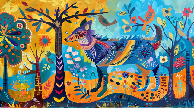 mystical wolf in colorful forest, inspired by traditional gond folk art, vibrant blue orange yellow palette