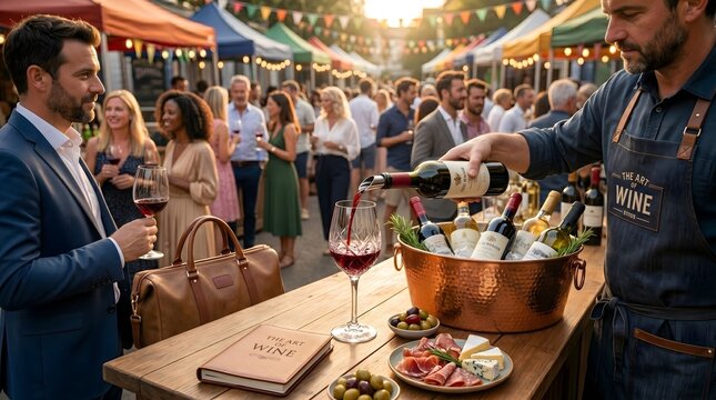 Man pouring wine at an outdoor market with food market street food town square