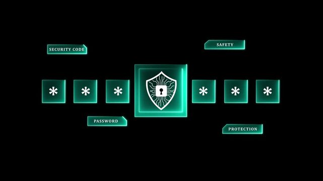 Glowing neon A concept of an advanced cybersecurity system. The futuristic interface shows a multi-factor authentication process using a secure password or PIN for enhanced data protection. Fermion 4k