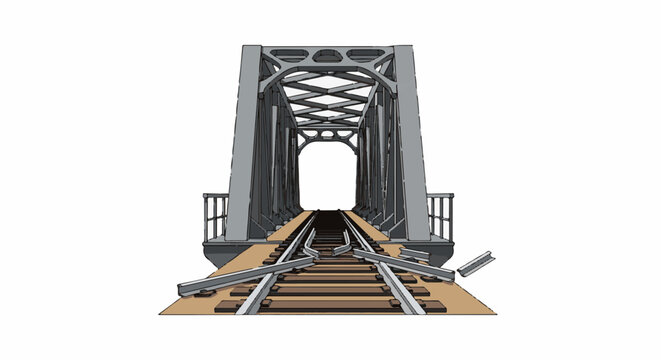 A damaged railway bridge with bent tracks leading into an open arch