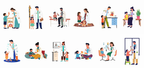 Fototapeta premium Collection of vector illustrations showing male and female pediatric doctors caring for kids during medical exams and play in a clinical setting.