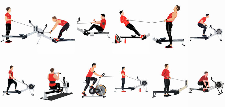 Collection of Vector Illustrations Showing a Man Exercising on Rowing Machines and an Exercise Bike for Fitness and Strength Training