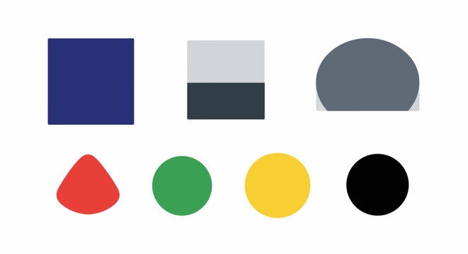 A collection of abstract geometric shapes in various solid colors on white