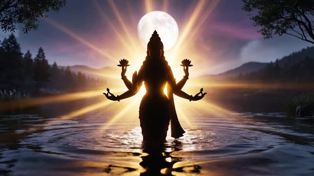 Golden Goddess Lakshmi silhouette rising from lake under full moon