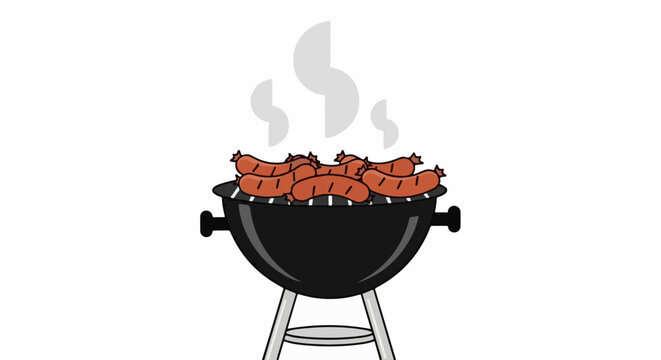 A black grill with several sausages cooking and smoking on the grate