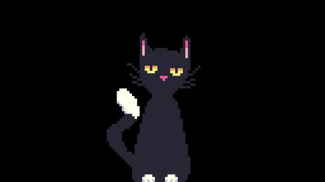 Pixel Art Black Cat Tail Wagging Animation Retro Pet Character Loop