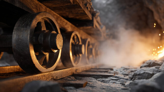Close-up shot of a vintage mine cart train traveling through a dark cave or tunnel. The image depicts the industry and the historical period