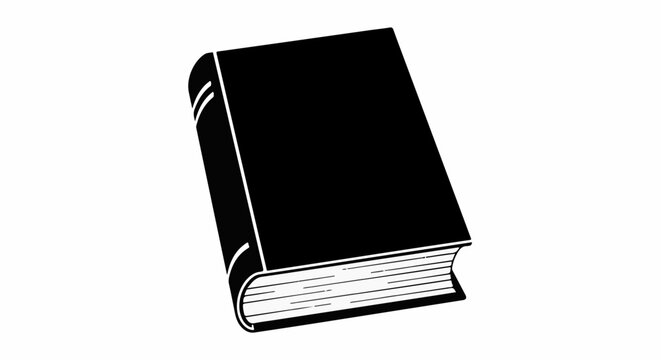 A black, hardbound book with white page edges lies on a white background