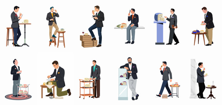 A sophisticated collection of illustrations featuring elegant men tasting and presenting blue cheese in various refined scenarios.