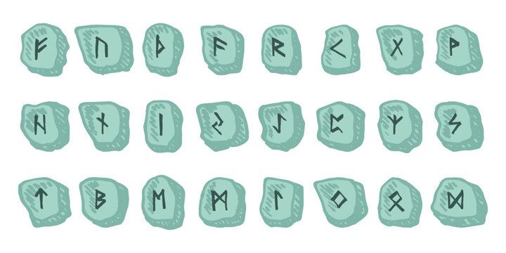 Set of hand drawn viking runes Rune stones with ancient norse alphabet characters engraved on them Scandinavian futhark germanic celtic Single element for design, print, web, decor