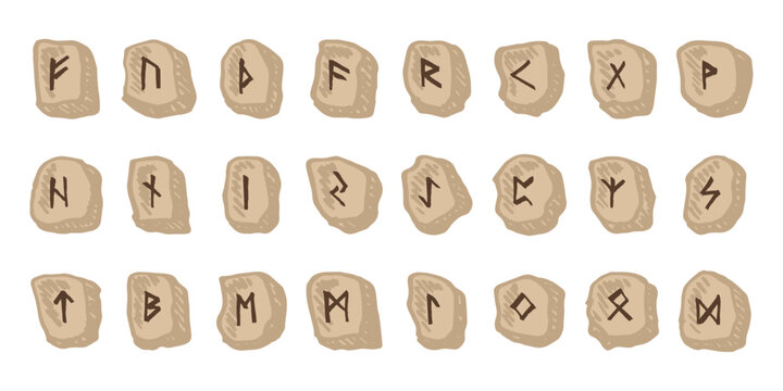 Set of hand drawn viking runes Rune stones with ancient norse alphabet characters engraved on them Scandinavian futhark germanic celtic Single element for design, print, web, decor