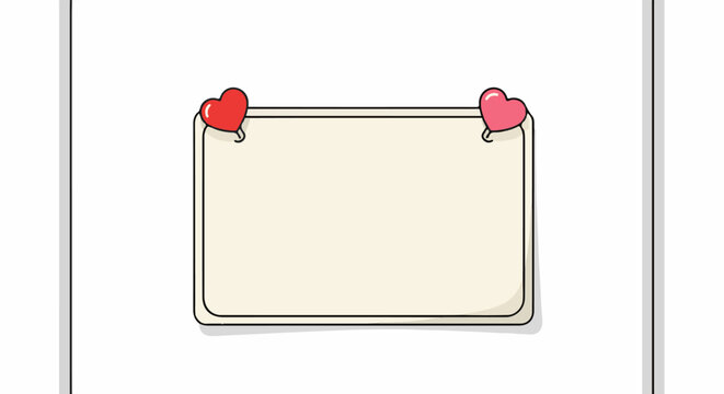 A blank cream-colored card is held up by two heart-shaped pushpins