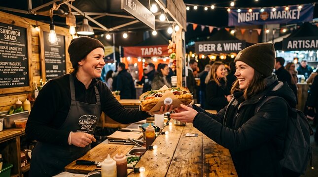 Woman buying food from a stall at a bustling night market with small business
