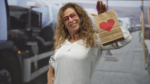 Woman smiling with red glasses holding a brown paper bag with a red heart, hand raised in a waving gesture on street; joy generosity warmth.