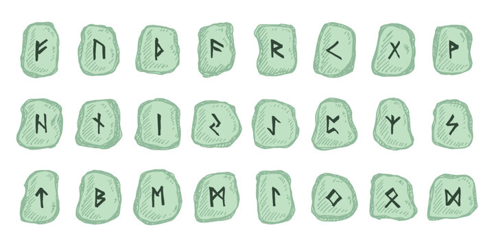 Set of hand drawn viking runes Rune stones with ancient norse alphabet characters engraved on them Scandinavian futhark germanic celtic Single element for design, print, web, decor
