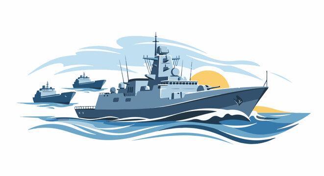 A fleet of three naval warships sails across choppy blue waters at sunset