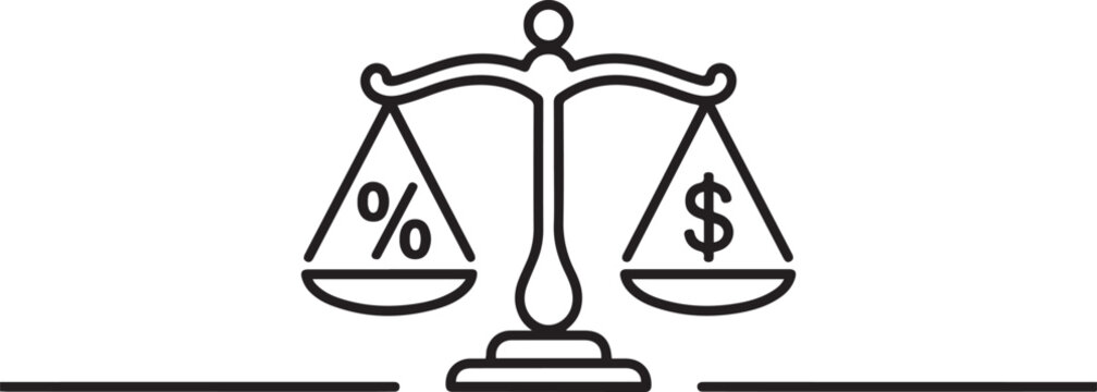 Illustration of a black line drawing of a balance scale with a percent sign on one side and a dollar sign.one line Art icon drawing vector