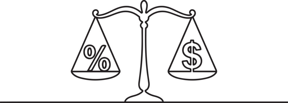 Illustration of a black line drawing of a balance scale with a percent sign on one side and a dollar sign.one line Art icon drawing vector