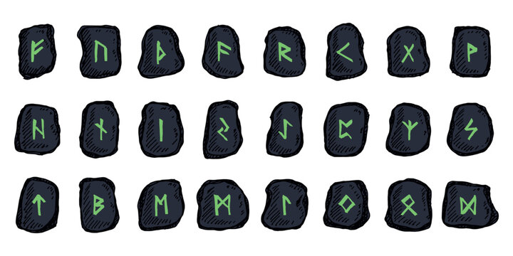 Set of hand drawn viking runes Rune stones with ancient norse alphabet characters engraved on them Scandinavian futhark germanic celtic Single element for design, print, web, decor