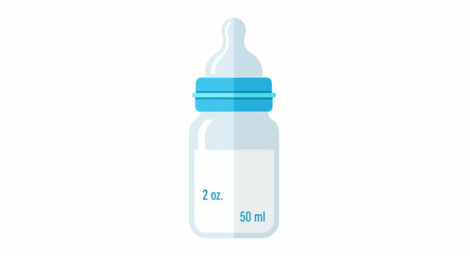 A baby bottle with a blue cap and measurements shown in fluid ounces and milliliters