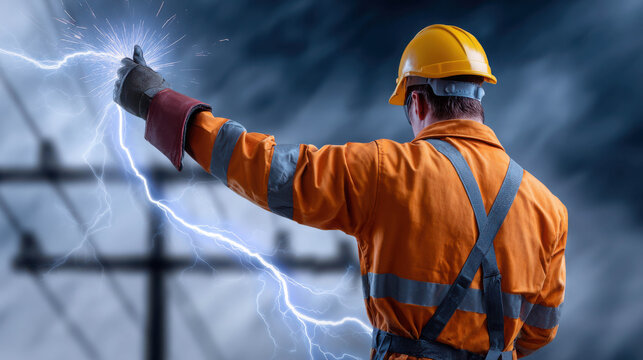 Electrician working with electricity. A skilled electrician in an orange uniform and hard hat working on high voltage electrical equipment, creating electric sparks