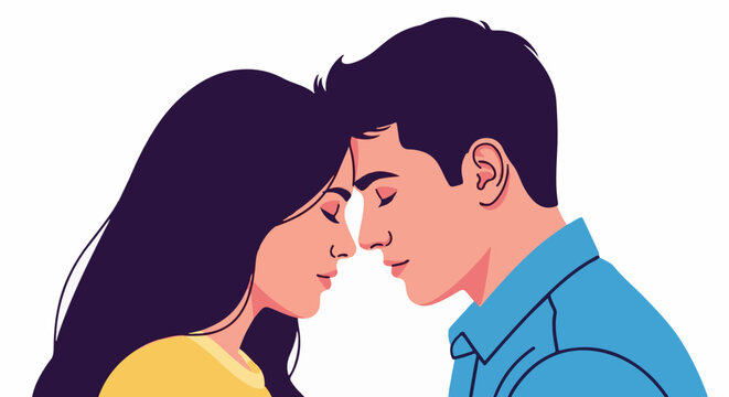 A gentle forehead touch between a man and a woman, conveying affection and peace