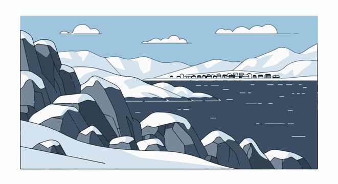 A pixel art depiction of a cold, snowy landscape with a distant village