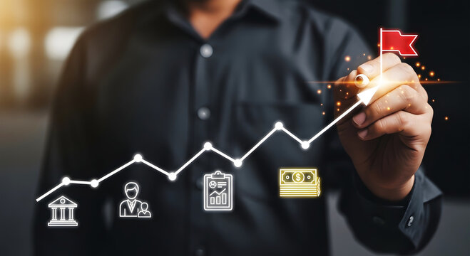 Person drawing ascending line graph with financial and business icons towards red flag