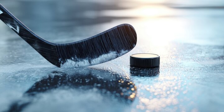 The hockey puck and stick resting on glistening ice with dramatic backlighting