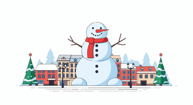 A cheerful snowman stands tall in a snowy town with festive trees