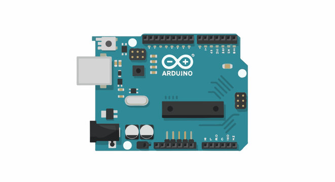 A close-up illustration of a microcontroller development board with connectors