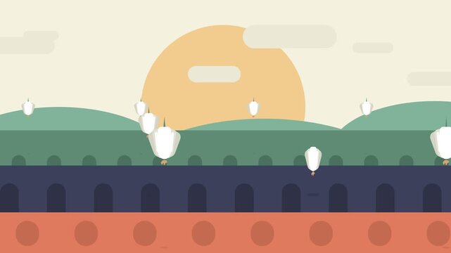 Atmospheric 2D Flat Animation of White Sky Lanterns Rising Over Green Hills and Arched Bridge at Golden Hour